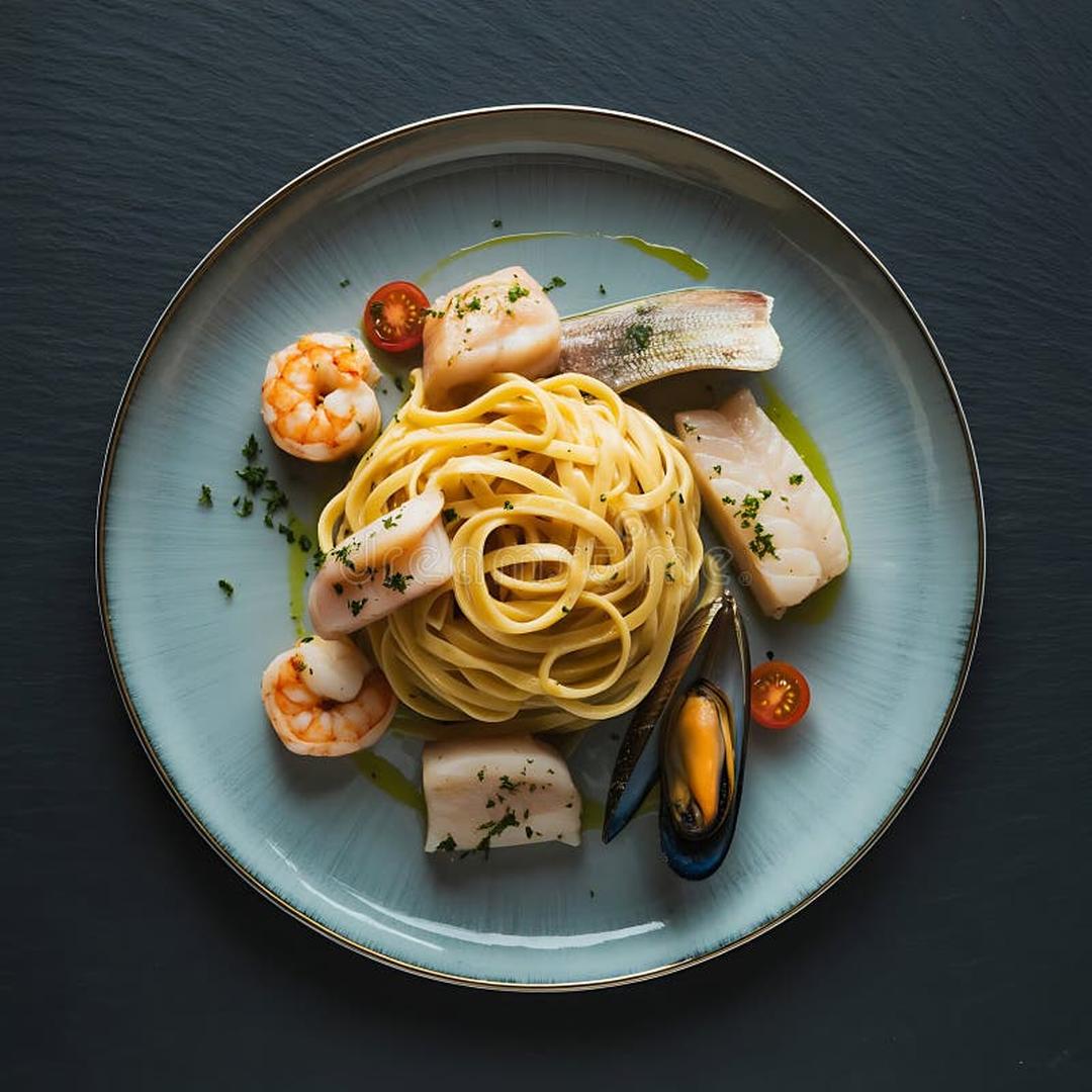 Gourmet seafood pasta dish with shrimp and mussels beautifully plated